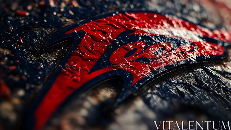 Wet red emblem on textured dark surface in close focus.