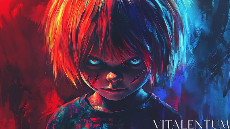 Sinister child portrait under neon red and blue light.