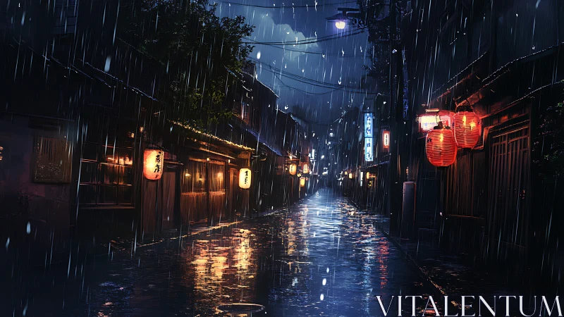 Nocturnal alleyway in heavy rainfall with lantern-lit wet reflections