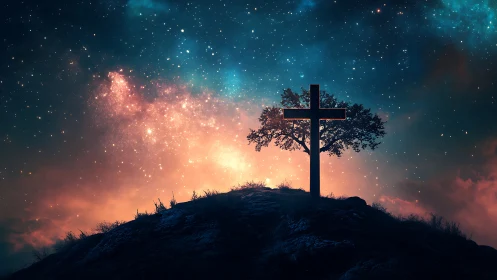 Silhouetted cross and lone tree under high contrast star-filled nebula