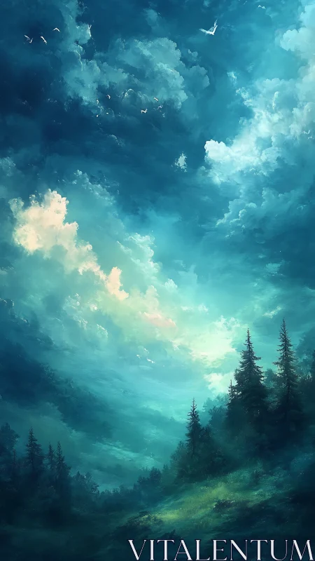 Forest treetops lean into a turquoise storm of painted sky