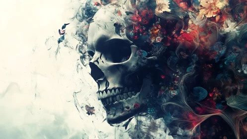 Skull dissolving into vivid floral smoke and embers.