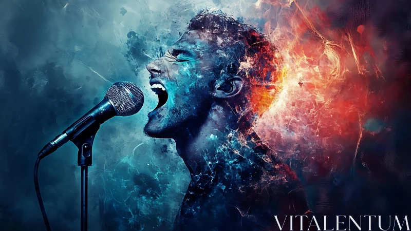 Exploding bicolor portrait of singer at microphone in dynamic burst