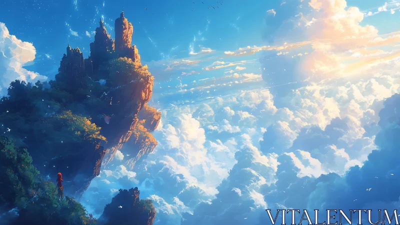 Digital painting of floating citadel above luminous cloud sea.