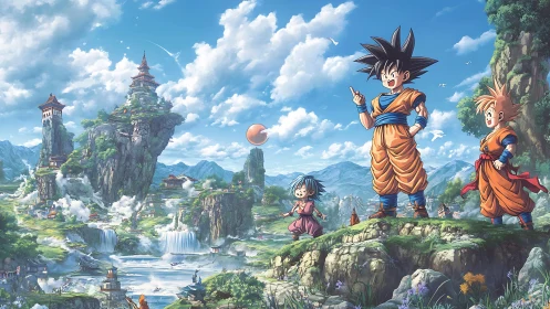 Anime heroes survey vast floating mountain landscape in daylight