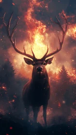 Majestic stag stands defiant amid blazing forest inferno.