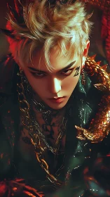 Dragon-marked rebel leans through molten shadows and firelight