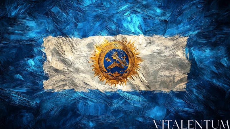 Radiant blue and gold flag painted with swirling, bold strokes.