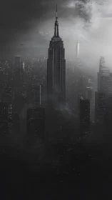 Monochrome skyscraper piercing stormy urban skyline shroud.