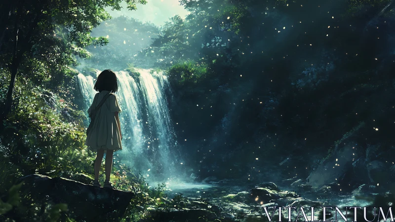 Quiet child at a glowing forest waterfall sanctuary.