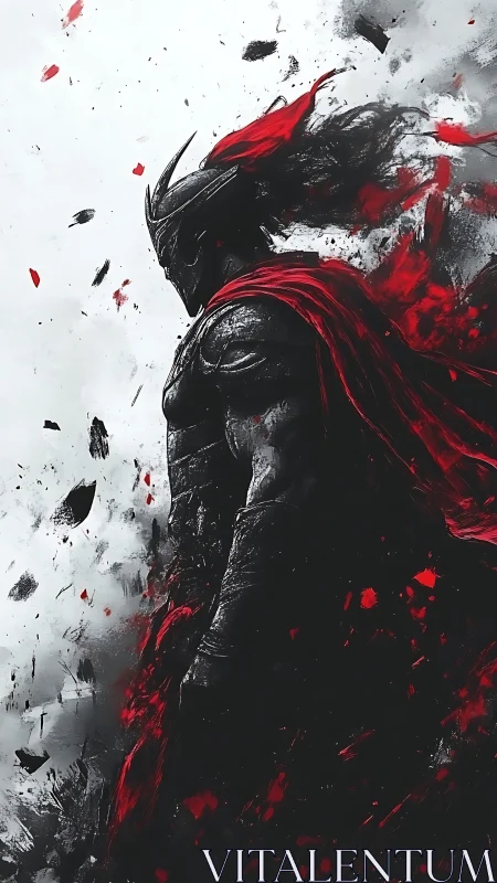 Armored dark knight strides through swirling red embers.