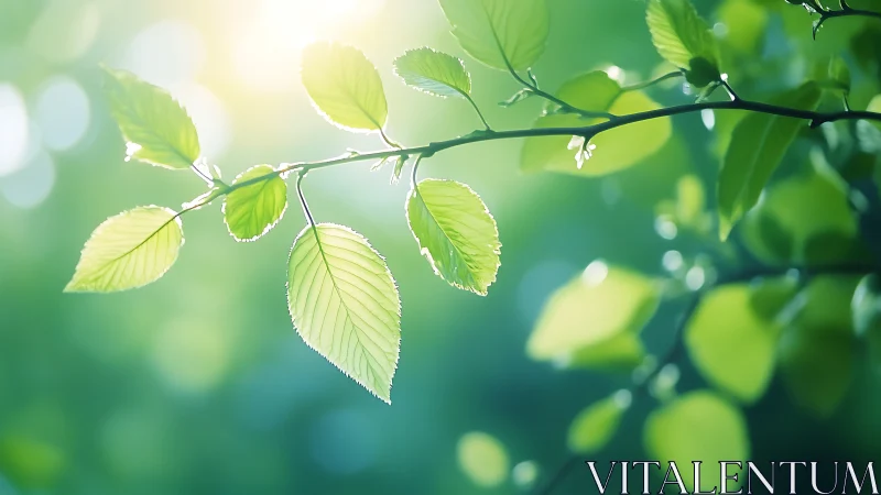 Sunlit Green Leaves on Branch in Soft Focus Nature Photography.