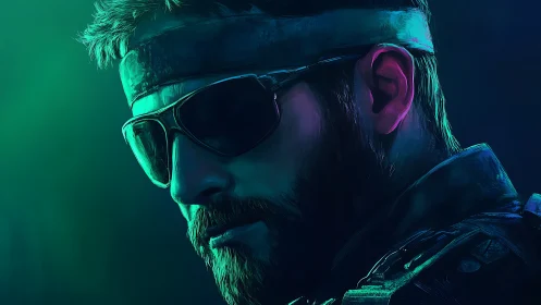 Tactical bearded soldier portrait in neon cyber glow.