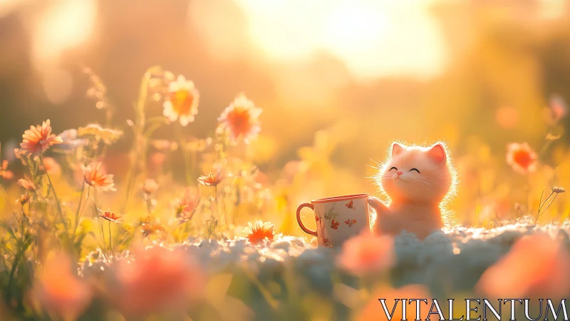 White Cat Enjoys Tea in Golden Flower Meadow