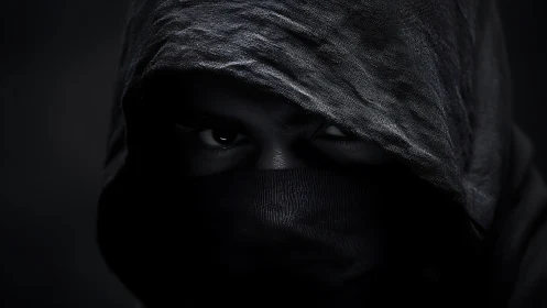 Midnight hooded gaze glimmering through veiled shadows.