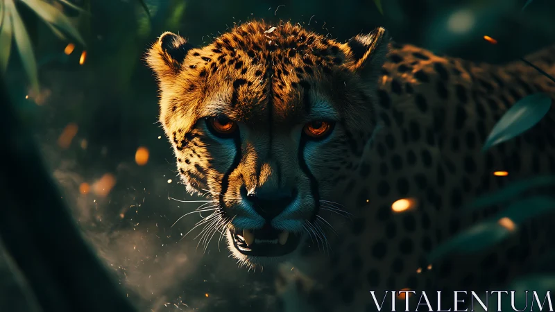 Predatory cheetah portrait with dramatic bokeh and low key lighting