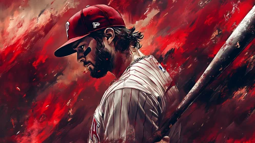 Digital painting of focused baseball hitter amid red motion.