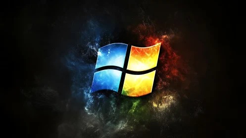 Windows-style logo over dark abstract nebula background.