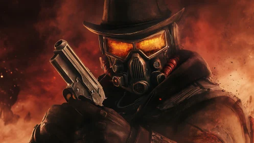 Armored gunslinger stands amid burning post apocalyptic wasteland