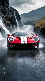 Red sports car driving on wet mountain road in rain.