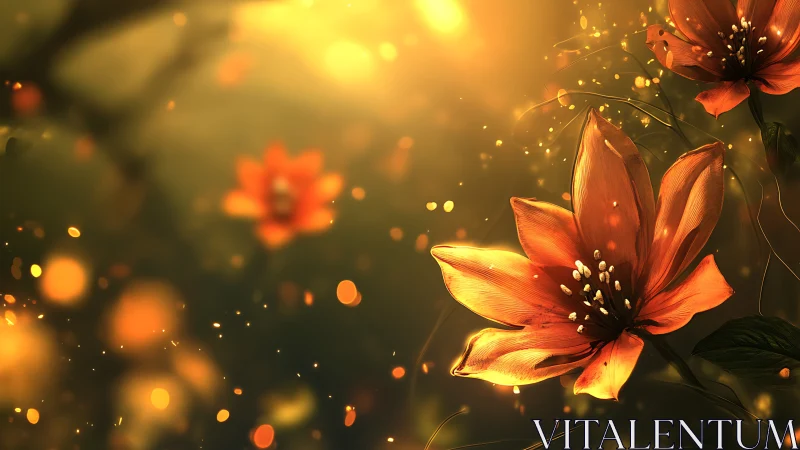 Golden Luminescence: Radiant Flowers in Ethereal Bokeh Rendering.