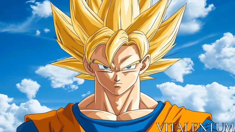 Golden haired anime warrior under vivid summer sky.