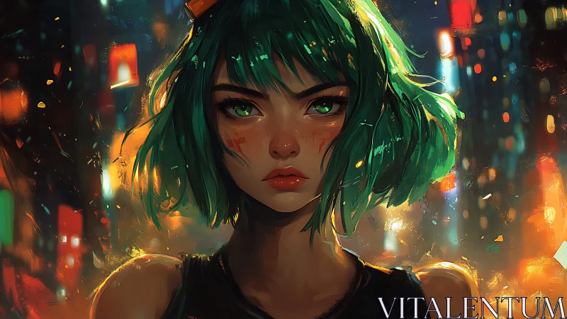 Digital portrait shows green-haired subject in urban night scene