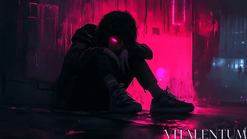 Hooded loner with neon eyes crouches in drenched alleyway