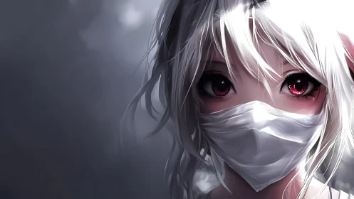 Soft-eyed anime girl in a mask amid gentle silver light.