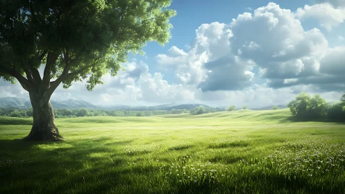 Photorealistic meadow panorama with solitary shade tree.