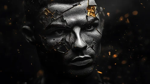 Fragmented ferro-dermal portrait with molten ember fissures.