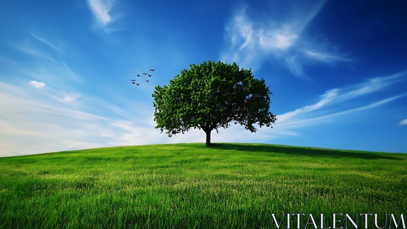 Lone Green Tree on Rolling Hill Under Vivid Blue Sky, Natural Scene.