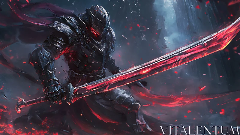 Heavily armored swordsman holds oversized glowing red blade