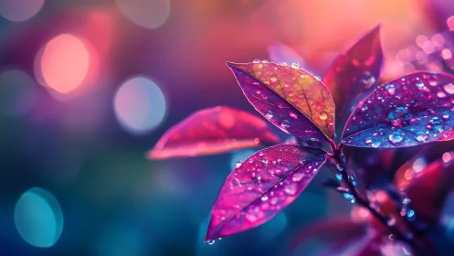Chromatic macro foliage with refractive dew-bokeh interplay.