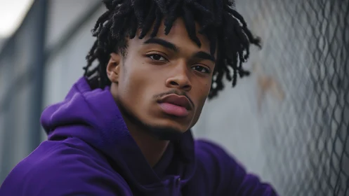 Purple-hooded daydreamer by chain-link city border.