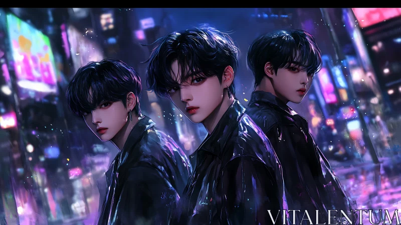 Triadic neon silhouettes in reflective cyber-urban rainfield.