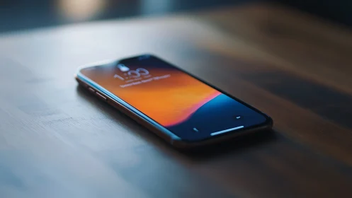 Smartphone with Orange Gradient Wallpaper on White Surface.
