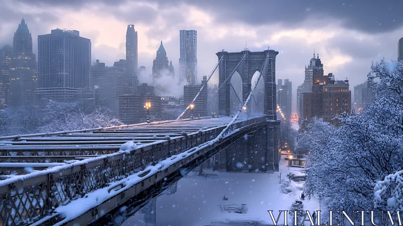 Snow-laden suspension bridge and winter urban skyline at dusk.