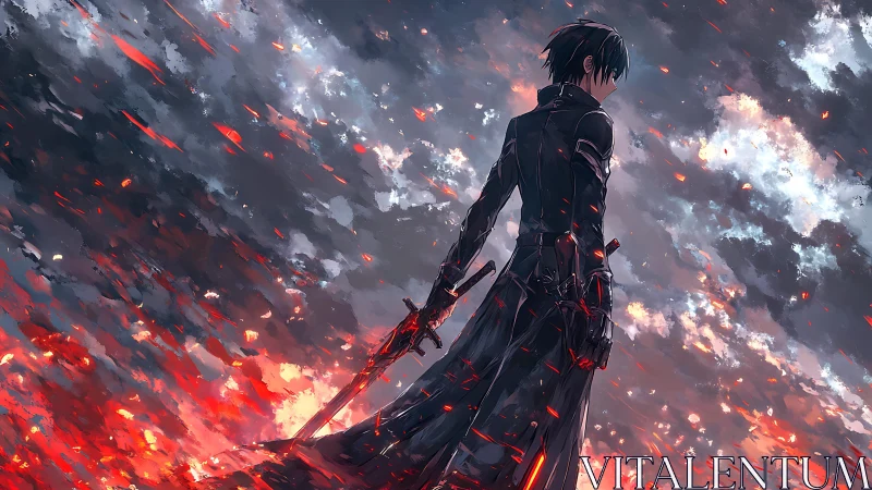 Sword-wielding figure against burning sky backdrop.