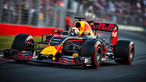 High-downforce Formula racing car cornering with motion blur