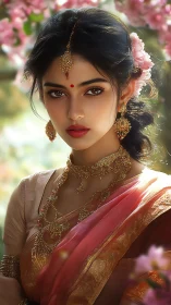 Elegant South Asian bride framed by soft spring blossoms.