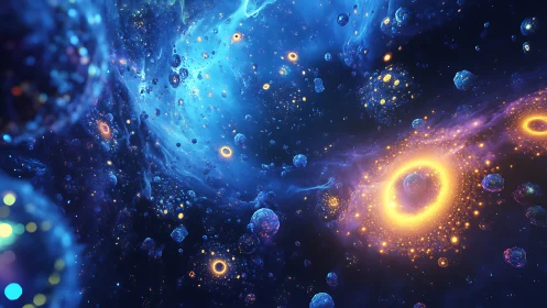 Cosmic nebula landscape glows with swirling golden orbits