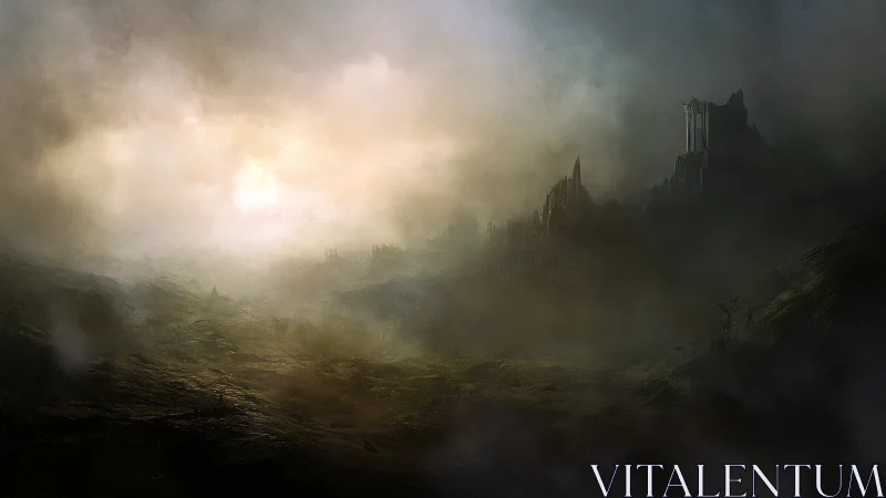 Forsaken citadel rising beyond a mist-wreathed valley.