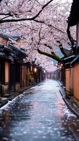 Cherry trees line a wet traditional alley under soft lanterns