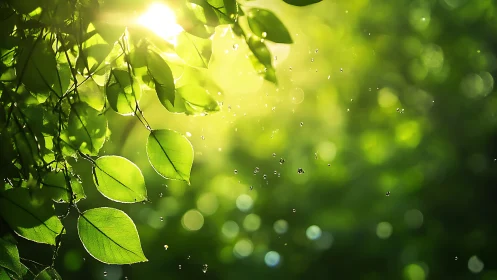 Sunlit green leaves sparkling softly in drifting droplets.