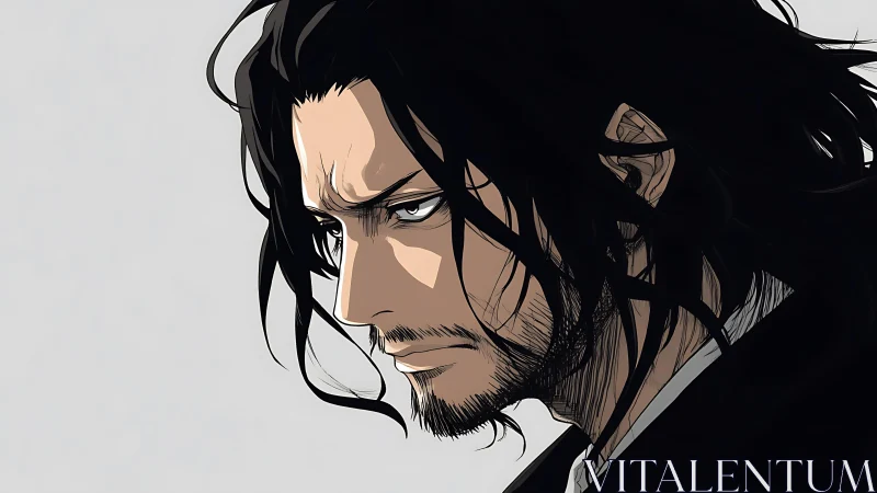 Brooding anime man gazes downward with quiet determination