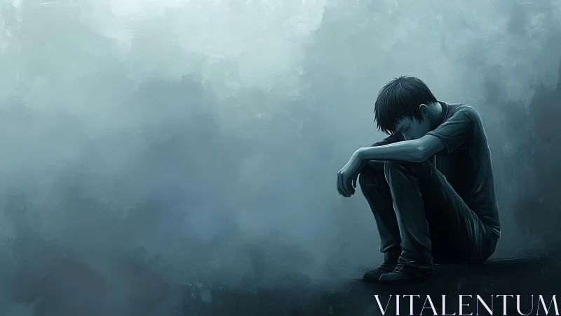 Quietly curled boy rests in a misty blue world of emotion