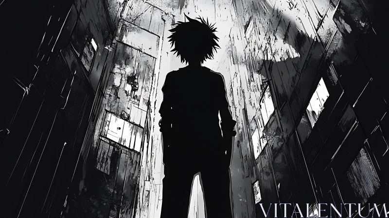 Silhouette kid rewrites the night between crumbling towers