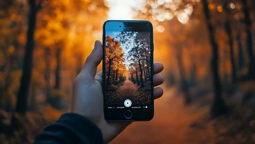 Hand Holding Smartphone Capturing Autumn Forest Path.