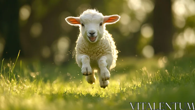 Joyful lamb rockets through sunlit meadow in soft focus